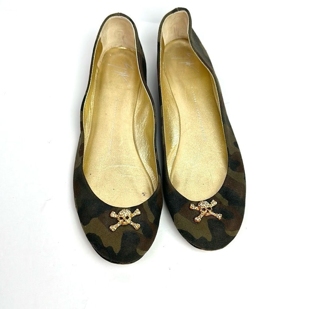 Giuseppe Zanotti Green Camouflage Canvas Crystal Skull Ballet Flats Size 40 US10 - Picture 4 of 15